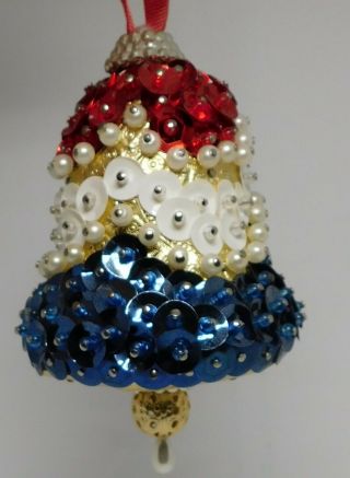Vintage Hand Crafted Red White Blue Sequined Jeweled Bell Christmas Ornament