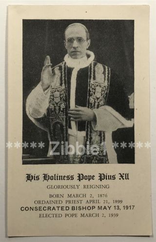 His Holiness Pope Pius Xii,  Vintage Holy Devotional Prayer Card
