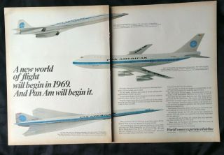 1967 Vintage Centerfold Airplane Ad Pan Am Boeing 747 Supersonic & Concorde