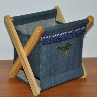 Small Folding Sewing Basket Knitting Craft Tote Denim W/ Leaf Charm Wood Frame