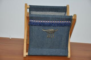 Small Folding Sewing Basket Knitting Craft Tote Denim w/ Leaf Charm Wood Frame 2