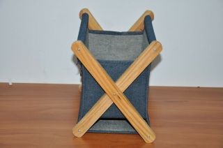 Small Folding Sewing Basket Knitting Craft Tote Denim w/ Leaf Charm Wood Frame 3