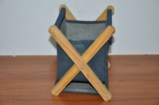Small Folding Sewing Basket Knitting Craft Tote Denim w/ Leaf Charm Wood Frame 5
