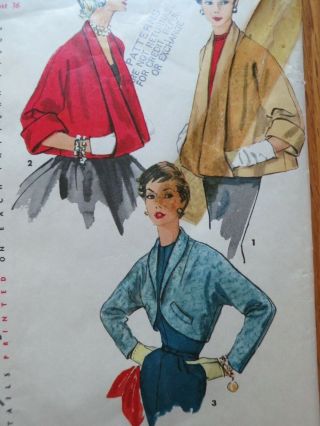 Simplicity 4944 Vintage Sewing Bolero Jacket Pattern Size 18 Bust 36 50s 1950s