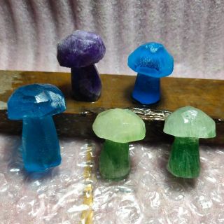 5pcNatural Green Pink Purple Fluorite Crystal Hand Carved Polished Mushrooms 105 2