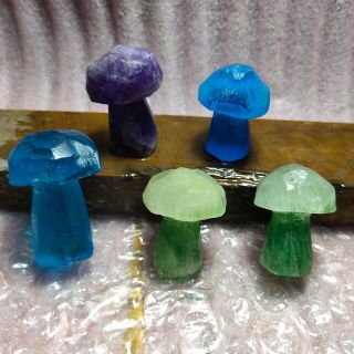 5pcNatural Green Pink Purple Fluorite Crystal Hand Carved Polished Mushrooms 105 4