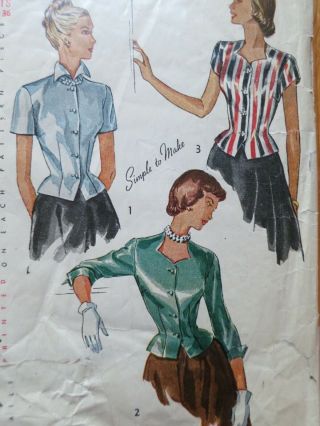 Simplicity 2759 Vintage Sewing Blouse Pattern Size 18 Bust 36 50s 1950s