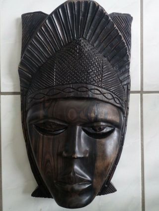 Vtg Hand Carved Heavy Dark Color Wooden Tribal Tiki Mask Wall Hanging 17 " X 10 "
