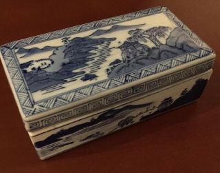 Chinese Porcelain Blue And White Lidded Trinket Box Willow Pagoda Signed.