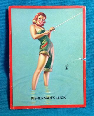 1940s Pinup Girl Blotter Card Earl Moran Art Fisherman 