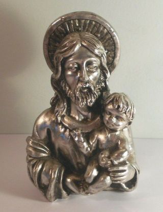 Jesus W Young Child Silvered Religious Statue Figure - Christ W Halo & Infant