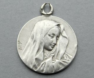 Saint Virgin Mary.  1911.  Antique Religious Sterling Pendant.  Medal.  France.