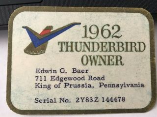 1962 Thunderbird Owner Id Card Ford 60 