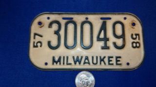 Rare Vintage 57 58 Collectible Milwaukee WI Metal Bicycle Bike License Plate US 3