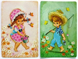 Pair Vintage Swap Cards.  Boy Fishing & Flower Girl.  Holly Hobby Era.  Hoyle.
