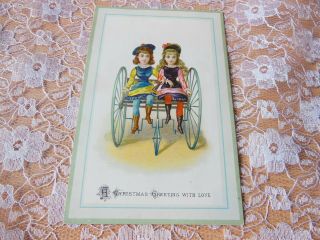Victorian Christmas Card/girls Sitting In Horseless Carriage