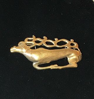 Vintage Christmas Brooch Pin Gold Tone Reindeer Antlers Artisan Unique 3 " Euc