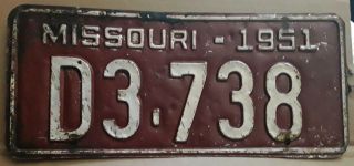 1951 Missouri License Plate D3 738 51 Mo