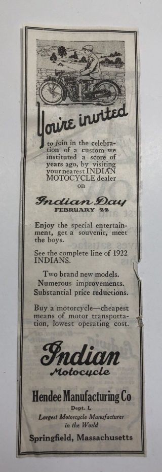 Vintage Indian Motorcycle Advertisement 1922 Authentic Rare (p10)