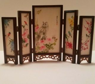Vintage Porcelain Oriental 5 Panel Screen Hand Painted With Persian Cat And Sign
