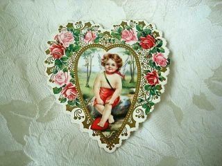 Vintage Antique Heart Shaped Valentine Card Cupid Pink And Red Roses