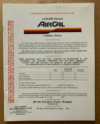 Aircal Air California Airlines Common Stock Prospectus August 22,  1983