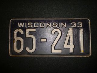 1933 Wisconsin License Plate No.  (65 - 241) 13 - 1/2 " X 6 - 1/4 "