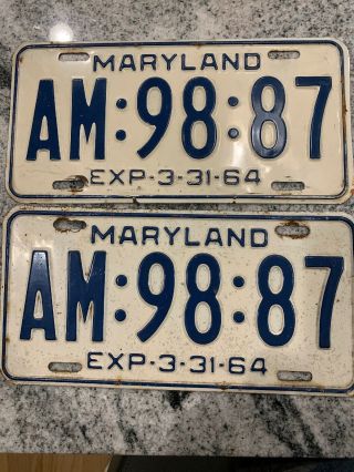 Vintage Pair 1964 Maryland License Plates.  Am:98:87