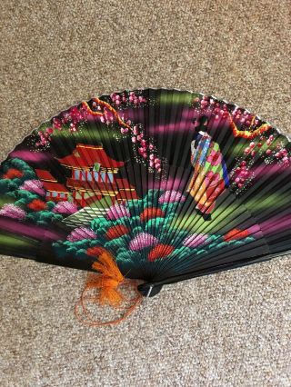 Large Vintage Exceptional Hand Painted Silk And Wood Fan Asian Oriental