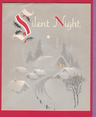 0118lp Vtg Christmas Card Silent Night Winter Snowy Scene Village Church Moon