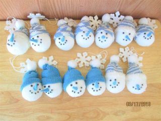 13 Blue & White Winter Soft Snowman Heads With Snowflake Christmas Ornaments