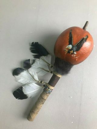 Hand Painted Dance Gourd Rattle,  Ceremonial,  Santa Fe Style,  Natural,  Eagle