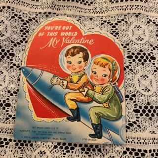 Vintage Greeting Card Valentine Cute Boy Girl Astronaut On Rocket Space