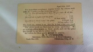1897 Oklahoma City Oklahoma Territory Advertsing Postcard B V Cummins