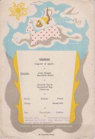 3 1950 Vintage Typed Boac Menus Rma City Of Cardiff Breakfast,  Lunch,  Dinner