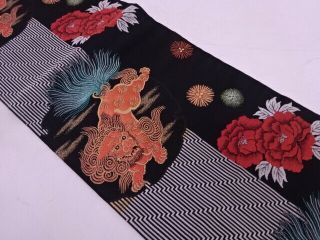 80393 Japanese Kimono / Vintage Nagoya Obi / Woven Lion With Peony & Pine
