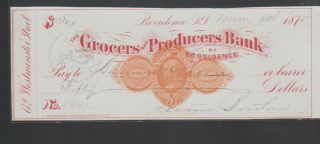 Grocers & Producers Bank Providence Rhode Island Check 1875 W Red Print