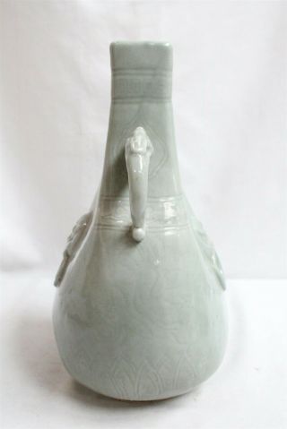 Vintage Chinese 2 Dragon Handled Foo Dog Ring Speared Green Celadon Chimney Vase 2