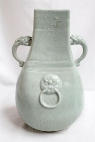 Vintage Chinese 2 Dragon Handled Foo Dog Ring Speared Green Celadon Chimney Vase 3