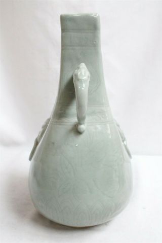 Vintage Chinese 2 Dragon Handled Foo Dog Ring Speared Green Celadon Chimney Vase 4