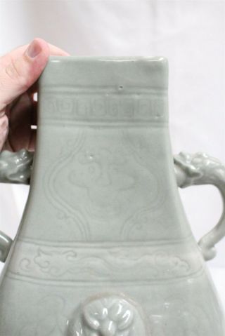 Vintage Chinese 2 Dragon Handled Foo Dog Ring Speared Green Celadon Chimney Vase 6