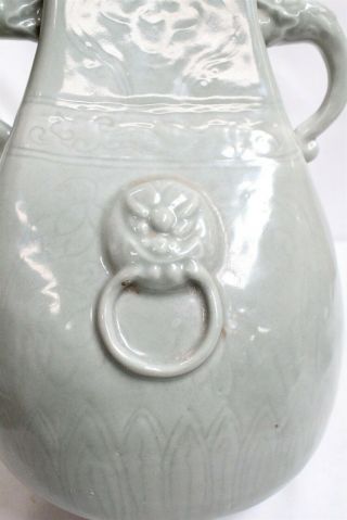 Vintage Chinese 2 Dragon Handled Foo Dog Ring Speared Green Celadon Chimney Vase 7