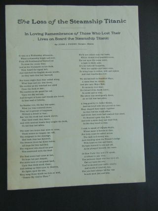 Loss Of The Steamship Titanic - 1912 Broadside / Poem By John J.  Friend
