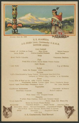 Usa 1930 " Alaska Steamship Co.  " Menu / Message Totem Poster Menu