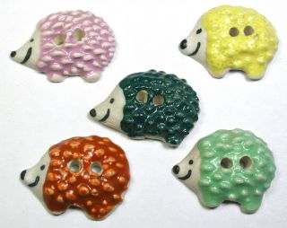 Bb Vintage Ceramic Buttons Set Of 5 Hand Paint Cute Hedgehog Design - 1 "