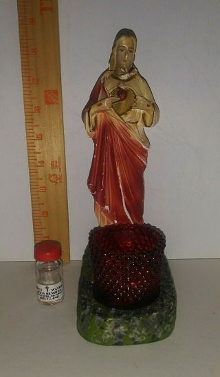 Vintage Chalkware Sacred Heart Jesus Christ Statue Candle Holder With Holy Water