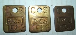 3 Vintage Brass Numbered Rail Road Railroad Work Tags C S R - Co
