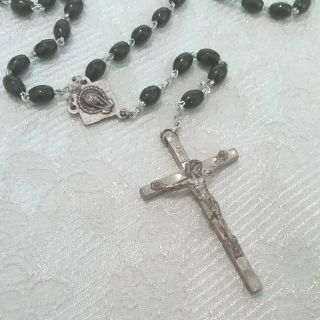 Vintage Black White And Gray Bead Catholic Rosary Silver Tone Crucifix