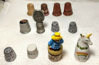 12 Vintage Sewing Thimbles Pewter - Wood - Ceramic