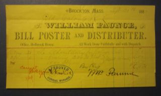 Old 1884 William Faunce Bill Poster Billhead - Brockton Mass Old Colony Railroad
